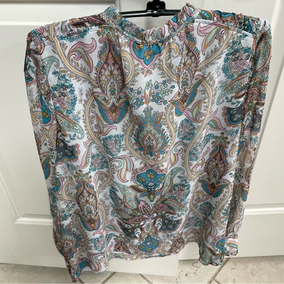 Loft Long Sleeve Blue White Pink Paisley Tie Neck Ruffle Boho Lined Blouse Top - Picture 5 of 10